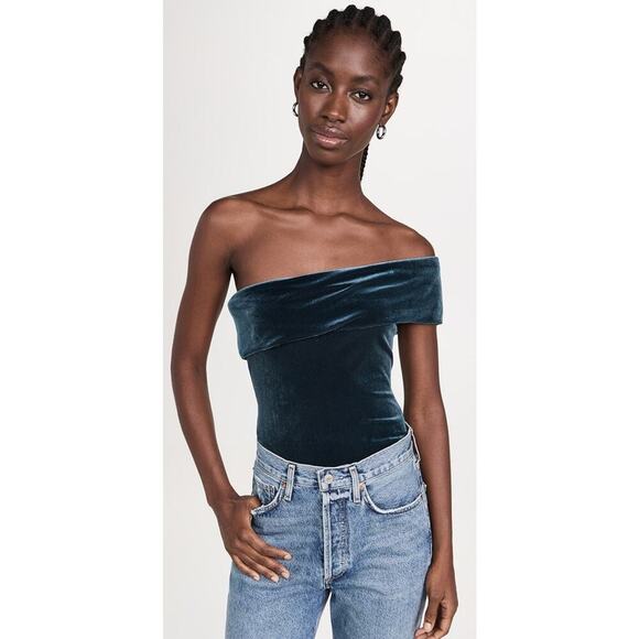 Agolde Bree Banded Thong Bodysuit Women’s Medium Velvet Blue Off The Shoulder - Picture 1 of 11
